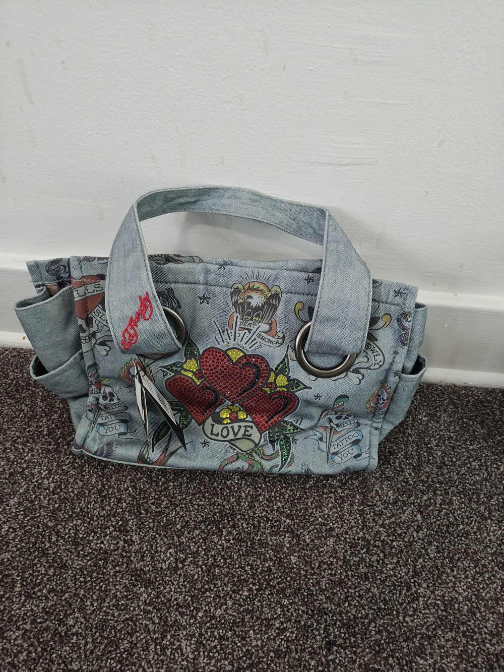 Ed Hardy Light Blue Denim Tote with Red Heart Tattoo Graphic